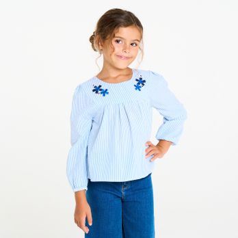 Girl's blue striped, embroidered blouse