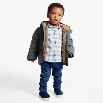 Baby boy's 2-in-1 effect khaki green peach-skin fabric parka