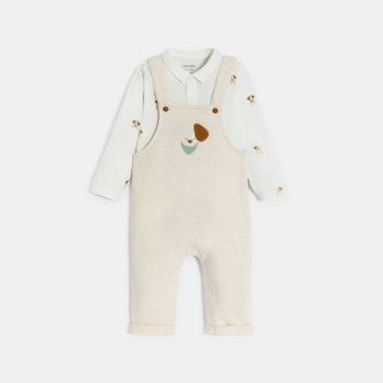 Newborn boy's fleece dungarees and jersy body with dog motif