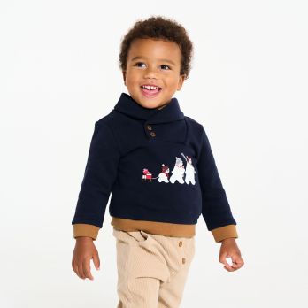 Baby boy's blue bear fleece sweatshirt with shawl collar