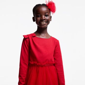 Girl's elegant red two-fabric dress