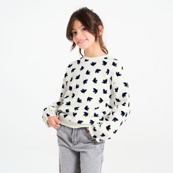 Girl's white bird motif fleece sweatshirt