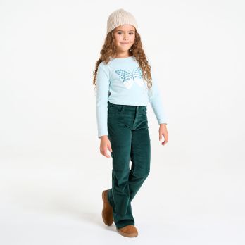Girl's smooth dark green velvet flared trousers