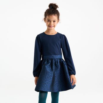 Girl's chic navy blue two-fabric dress