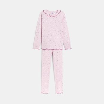 Girl's pink printed ribbed jersey 2-piece pyjamas
