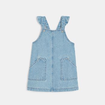 Baby girl blue denim dungaree dress, straight cut.