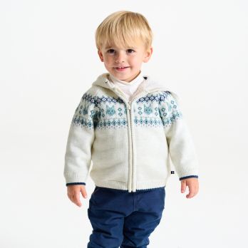 Baby boy's fleece-lined jacquard knitted zip-up cardigan