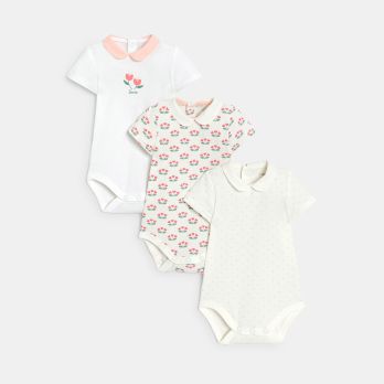 Baby girl's short-sleeve, white floral bodysuit with small collar (pack of 3)