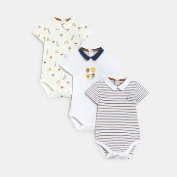Baby boy's short-sleeve, white animal bodysuit with small collar (pack of 3)
