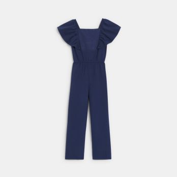 Girl's navy blue short-sleeved embroidered romper