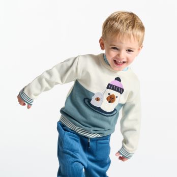 Baby boy's blue knitted seal jumper