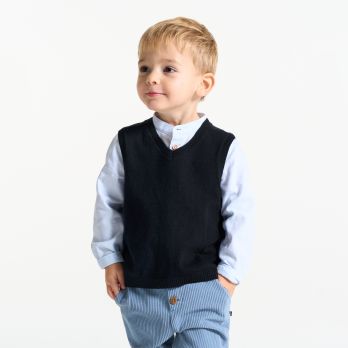 Baby boy's blue knitted sleeveless jumper