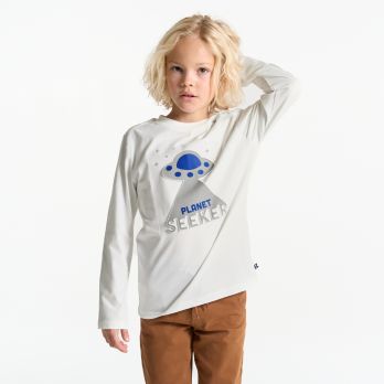 Boy's white UFO motif T-shirt