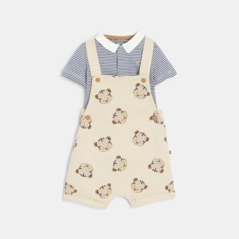 Baby boy's short tiger overalls and striped beige bodysuit