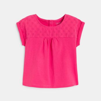 Baby girl's pink two-fabric T-shirt with broderie anglaise