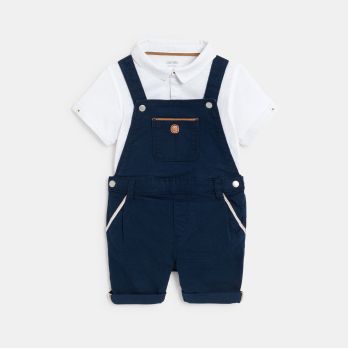 Baby boy's short cotton overalls and blue polo shirt set