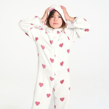 Girl's white fleece all-in-one pyjamas with heart motif