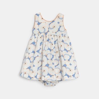 Baby girl's floral strappy pinafore dress and orange bloomers
