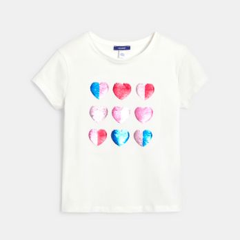 Girl's white short-sleeve T-shirt with magic sequin heart