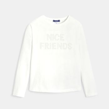 Girl's white long-sleeve T-shirt with sequin slogan