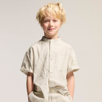 Boy's beige striped linen shirt with short sleeves