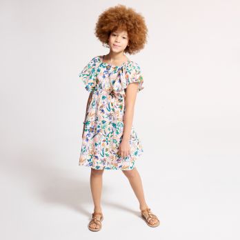 Girl's beige printed dress with ruffled sleeves