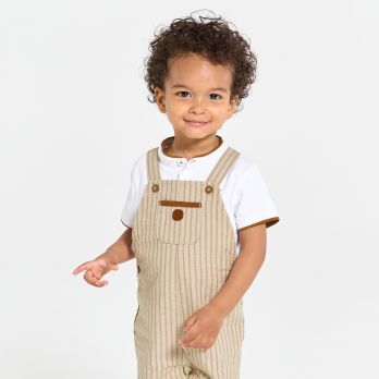 Baby boy's brown striped short overalls and polo shirt style bodysuit