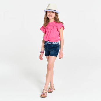 Girl's blue stretch denim belted shorts